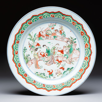 A Chinese famille verte 'Elegant Ladies and Playing Boys' dish, Chenghua mark, Kangxi