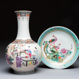 A Chinese famille rose bottle vase and a dish, Qianlong marks, Republic