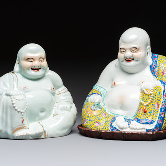 A Chinese famille rose Milefo Buddha and a white-glazed gilt-decorated Milefo Buddha, Wei Hongtai 魏洪泰 and Zhu Yishun 朱義順 mark, Republic