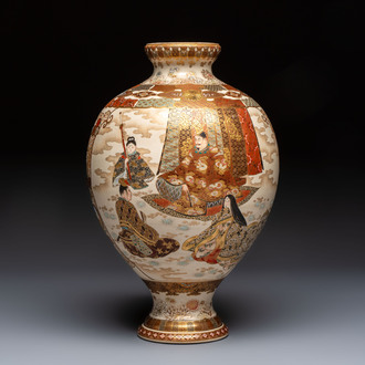 A Japanese Satsuma baluster vase with narrative design, Nippon Kyoto Kinkozan 日本京都錦光山 mark, Meiji, 19th C.