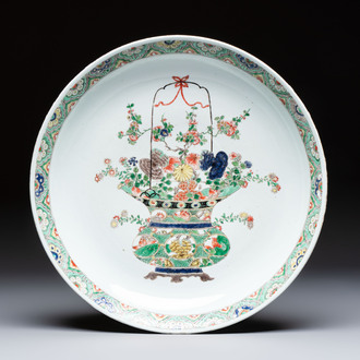 A Chinese famille verte 'Flower Basket' dish, lozenge mark, Kangxi