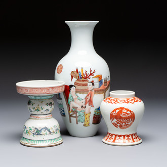 A Chinese polychrome 'Erotic' vase, an iron-red 'Phoenix' jar and a famille verte 'Dragon' stand,  Chun Yi Tang Zhi 春怡堂制 and Tongzhi mark, 19/20th C.