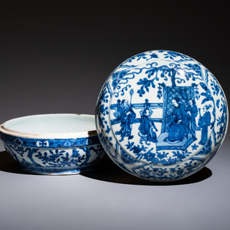 A circular Chinese blue and white box and cover, Wanli mark and of the period