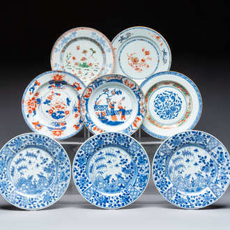Eight Chinese blue and white, famille verte and Imari-style plates, Kangxi
