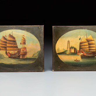 Canton school: two paintings depicting Chinese junks at sea, oil on canvas, 19th C.