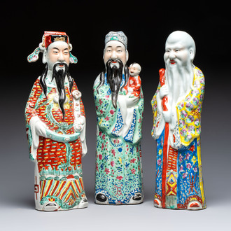 Three Chinese famille rose 'Three Star Gods' figures, Mao Jisheng 茂記生 and Ding Yisheng 丁義盛 marks, Republic