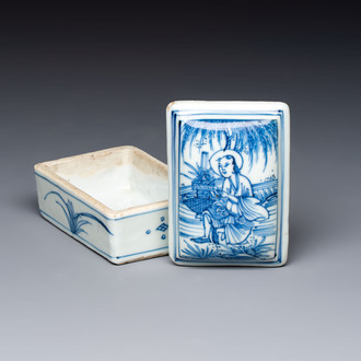 A fine Chinese blue and white rectangular seal paste box and cover, Ming