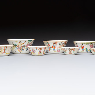 A set of seven Chinese famille rose nesting bowls with narrative design, Daoguang
