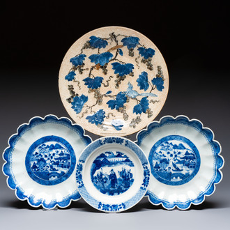 Three Chinese blue and white dishes and a plate, 19th C.