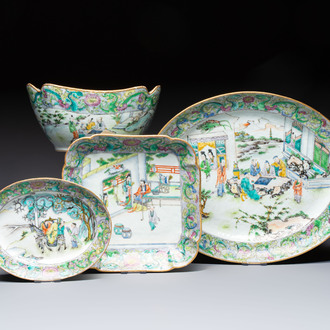 Two Chinese Canton famille verte serving dishes, a square bowl and stand with figural design, 19th C.
