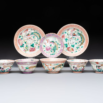 Five Chinese famille rose 'Phoenix and Peony' cups and three saucers for the Peranakan market, Qianlong, Guangxu and Zhou Shunxing 周順興 marks, Republic