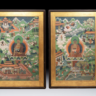Two Sino-Tibetan thangkas depicting the life of Buddha Shakyamuni, 19th C.