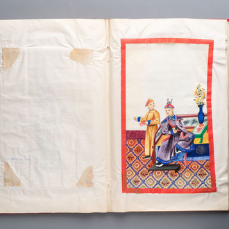 Two albums containing 12 and 13 Chinese Canton rice paper paintings, 19th C.