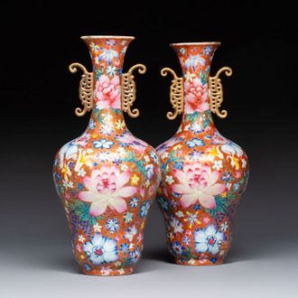 A pair of Chinese famille rose 'Millefleur' vases, Qianlong mark, Republic