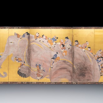 A Japanese six-panel folding screen or byōbu depicting children playing with an elephant, ink, colour and gold leaf on paper, Meiji, 19th C.