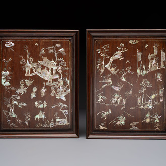 A pair of Vietnamese mother-of-pearl-inlaid hardwood plaques with narrative design, 19th C.