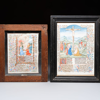 Two framed Flemish miniatures on parchment and paper, one a page from an illuminated book of hours, 19th C.