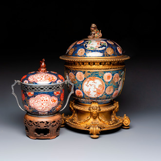 Two Japanese Imari covered bowls, one mounted in silver and wood and the other with gilt-bronze mounts, Meiji, 19th C.