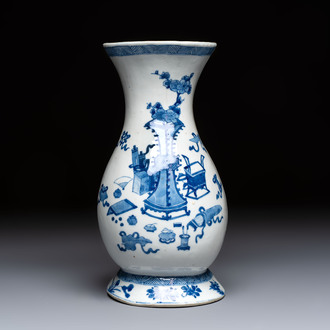 A Chinese blue and white 'Antiquities' wall vase, Kangxi