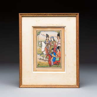 A Persian miniature painting: 'Prince and Attendants on Horseback', gouache on paper, Qajar, 19th C.