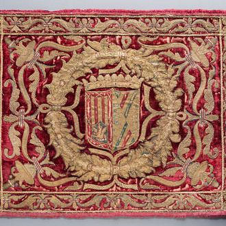A Spanish crimson velvet and gilt brocade embroidery bearing the impaled arms of de la Cueva and Mendoza, 16/17th C.