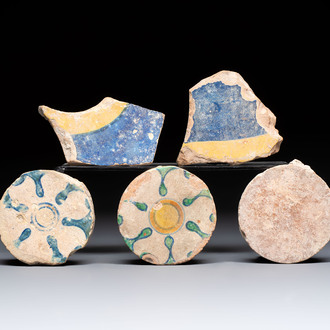 Five polychrome maiolica floor tiles from the castle of Breda, attributed to the Guido Andries workshop, Antwerp, 1535-1550