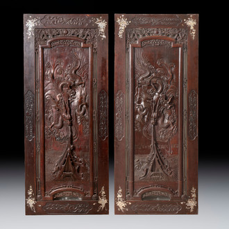 A pair of Vietnamese mother-of-pearl-inlaid hardwood 'Dragon and Carps' panels, 19th C.