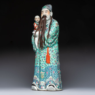 A large Chinese famille rose figure of Fu Xing, Zhu Mao Ji Zao 朱茂記造 mark, Republic