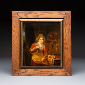 Jean Baptiste Van Eycken (1809-1853) , 'Poultry Vendor in Kitchen', oil on panel, signed, 19th C.