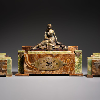 Georges Lavroff (1895–1991): An Art Deco three-piece copper-alloy-mounted green and brown onyx mantelpiece garniture, ca. 1900