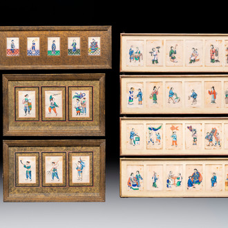 Seven frames containing 33 Chinese Canton rice paper paintings, 19th C.