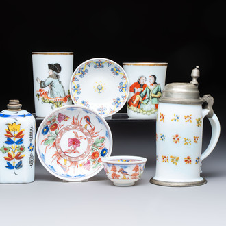 A group of seven Bohemian enamelled 'Milchglas' or milk glass wares, 18/19th C.