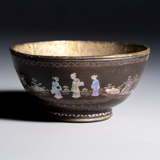 A Chinese silver-lined laque burgauté bowl with figural design, Kangxi
