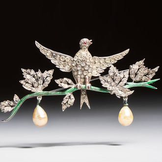 Roger Jean Pierre (ca. 1910 -1984) for Christian Dior: A rare silver 'En Tremblant' bird brooch with enamel, paste and glass pearls, 1958