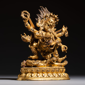 A fine Sino-Tibetan gilt-bronze figure of Mahakala, 18th C.