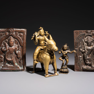 Two Indian bronze figures and two repoussé copper-alloy plaques, 18/19th C.