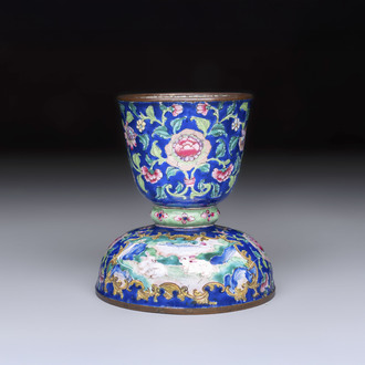 A fine Chinese Canton enamel blue-ground vase with two bunnies, Qianlong