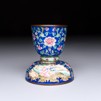 A fine Chinese Canton enamel blue-ground vase with a romantic scene, Qianlong