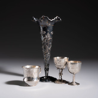 A Chinese silver 'Dragon' vase, two stem cups and a handled cup, various marks, 19/20th C.