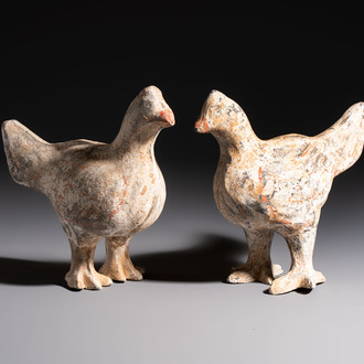 A pair of Chinese cold painted terracotta roosters, Han or later