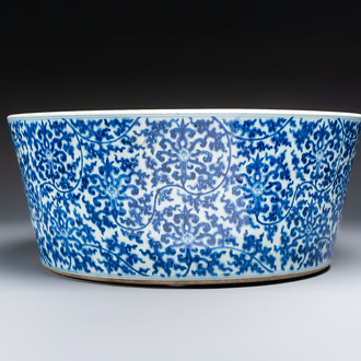A massive Chinese blue and white 'Buddhist lotus scroll' circular basin, Kangxi