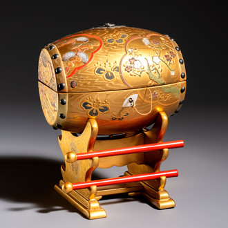 A Japanese Shibayama lacquer taiko drum-shaped casket on its original stand, Taisho, 19/20th C.