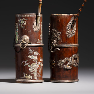 Two Vietnamese waterpipes in wood, silver and metal, one with mother-of-pearl inlay, 19th C.