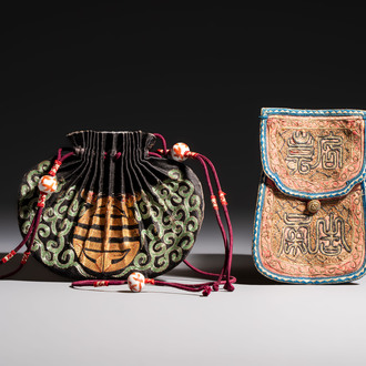 A Chinese embroidered silk pouch and an embroidered textile purse, 19th C.