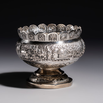An Indian repoussé silver footed bowl, early 20th C.