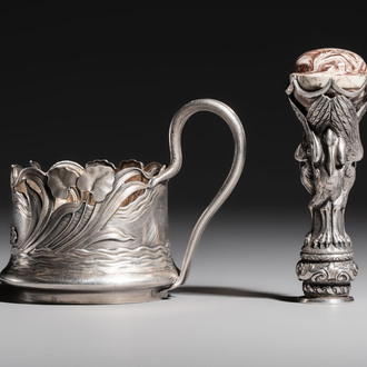 A Russian parcel-gilt silver tea-glass holder or 'podstakannik' and a silver monogram 'herons' seal stamp, 19/20th C.