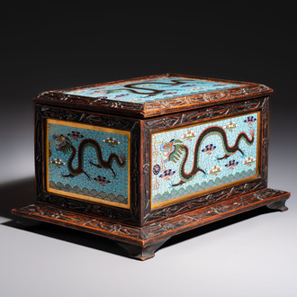 A Chinese wooden 'Dragon' casket mounted with cloisonné plaques, 19/20th C.