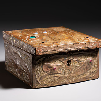 Alfred Daguet (Paris, 1875-1942): An Art Nouveau repoussé copper-mounted box with aquatic animals and inset glass eyes, monogrammed A.D., ca. 1900
