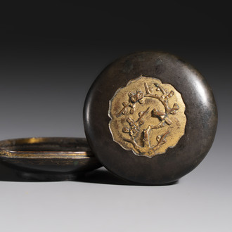 A fine Chinese parcel-gilt bronze 'Bird Among Blossoming Plum Branches' box and cover, 18th C.