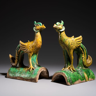 A pair of Chinese sancai-glazed 'Phoenix' roof tiles, Ming